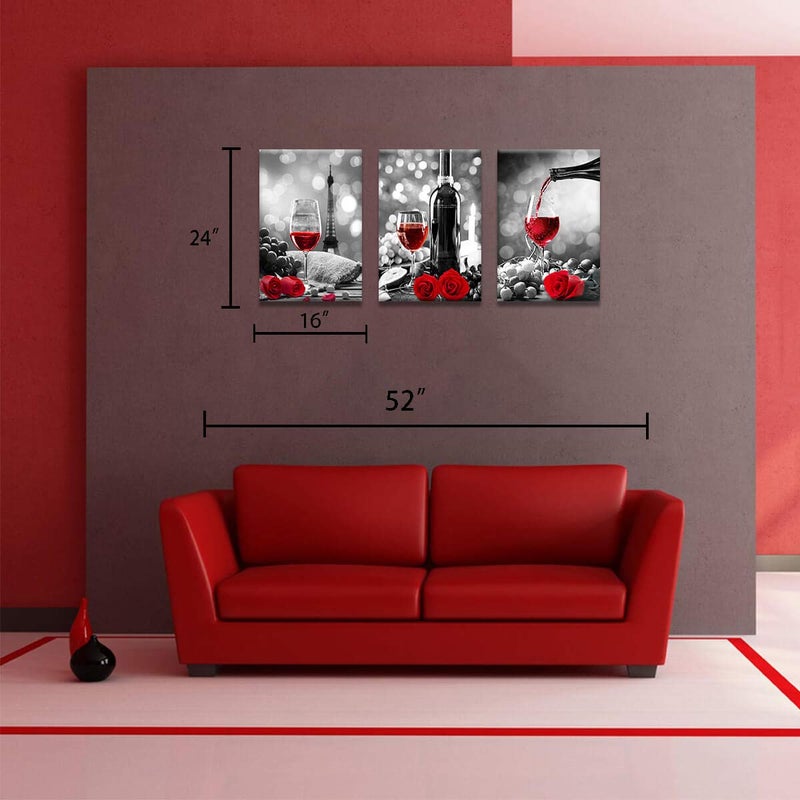 KAKEMONO Wine Decor Kitchen Canvas Art Red Wine Rose Artwork for Home Walls Black and White With Red Wine Painting Printed Rose Art Dining Room Decor Red Kitchen Pictures Wall Decor Stretched 16x24inchx3 - Image 2